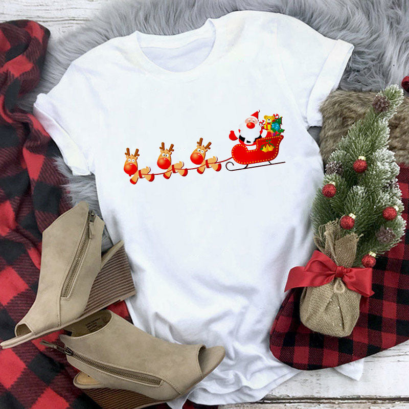 Christmas Lady Short-sleeved T-shirt Cartoon Santa Claus Print Street Casual T-shirt