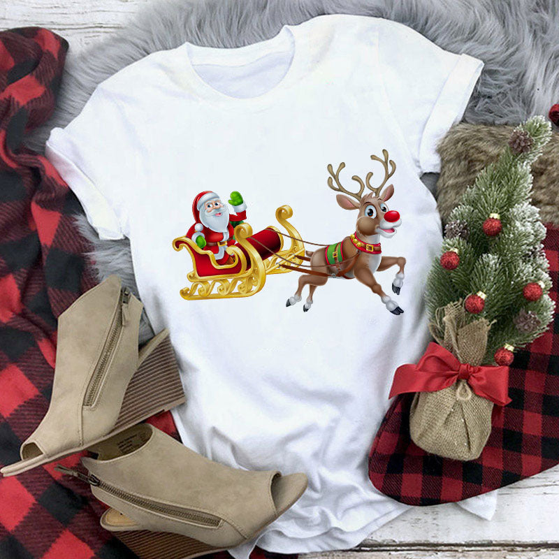 Christmas Lady Short-sleeved T-shirt Cartoon Santa Claus Print Street Casual T-shirt