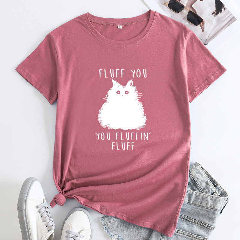 Large Size Cat Letter Printed Cotton Round Neck Short Sleeve T-shirt For Women