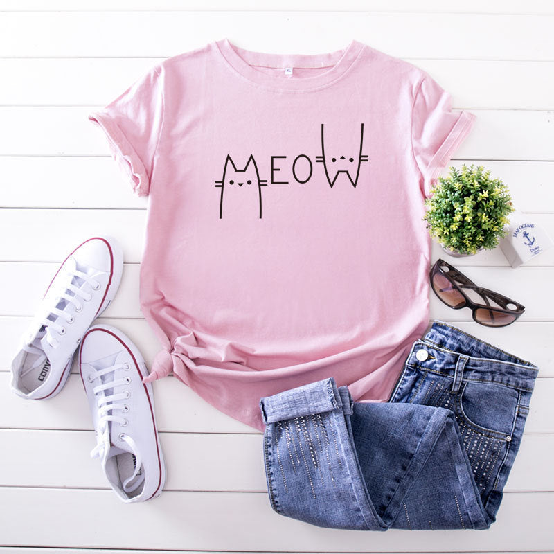 Creative Casual Cat Letter Cotton Short-sleeved T-shirt Women&