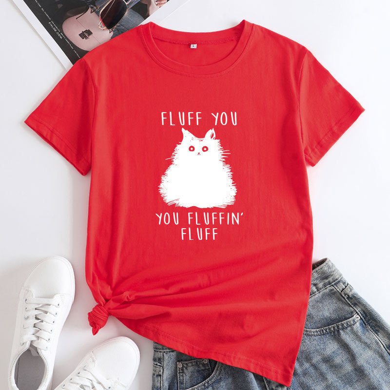 Large Size Cat Letter Printed Cotton Round Neck Short Sleeve T-shirt For Women